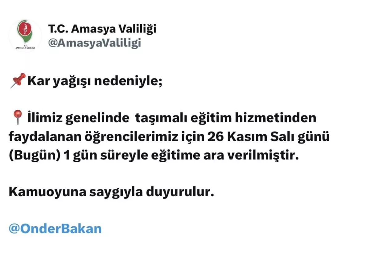 Amasya’da Kar Yağışı Nedeniyle Taşımalı Eğitime Ara Verildi